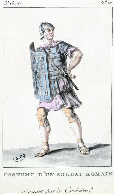 Costume de théâtre pour un soldat romain (gravure en couleur) - French School